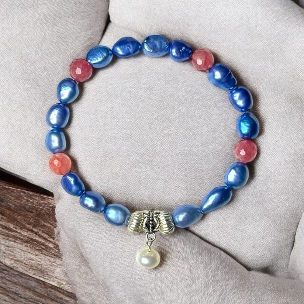 Freshwater Blue Pearls & Rhodochrosite Bracelet